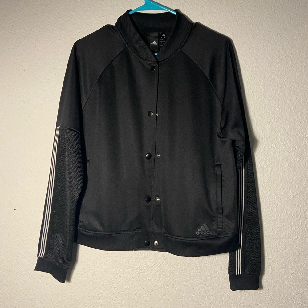 Adidas lightweight satin style jacket. Black, button down, Women’s size Large.
